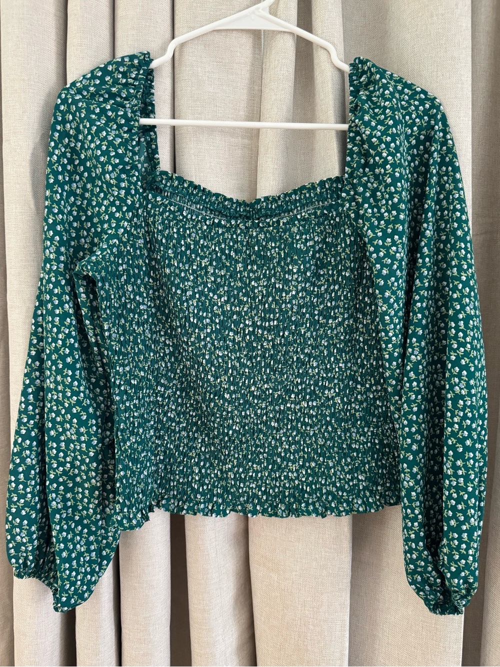 Green Floral Blouse - Smocked Square Neck - Long Sleeve